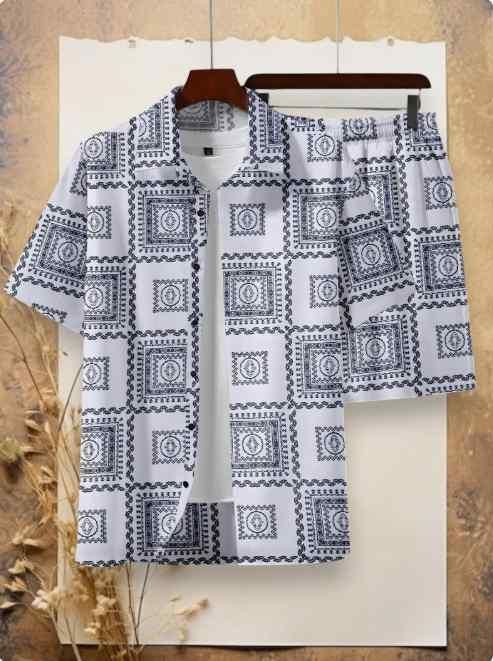 Men's Casual Summer 3D Print Co-Ord Set – Slim Fit Shirt & Shorts Two Piece Outfit