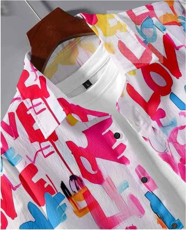 Men's Casual Summer Printed Co-Ord Set – Heart English Shirt & Shorts Two Piece Outfit