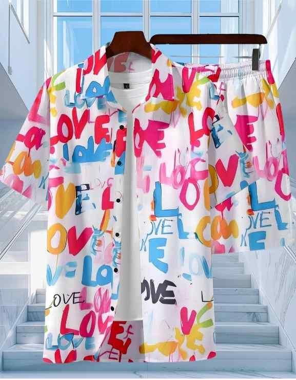 Men's Casual Summer Printed Co-Ord Set – Heart English Shirt & Shorts Two Piece Outfit