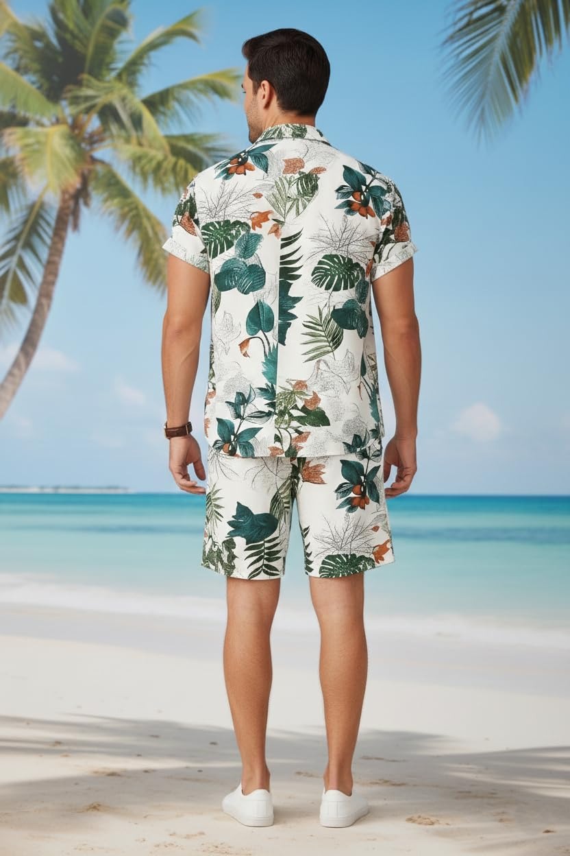 Casual Vacation-Style Printed Short & Shirt Co-ord Set For Men (2pcs Set)