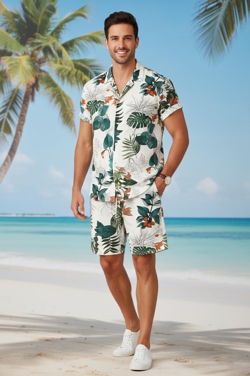 Casual Vacation-Style Printed Short & Shirt Co-ord Set For Men (2pcs Set)