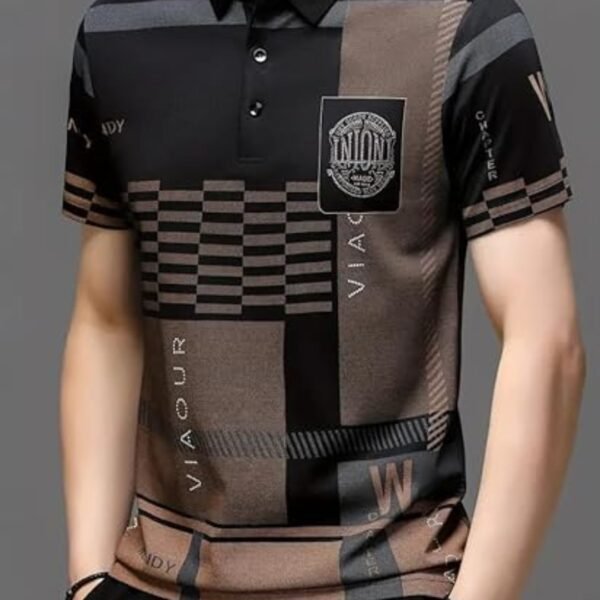 Men's Geometric Print Polo T-Shirt - Black - Image 3