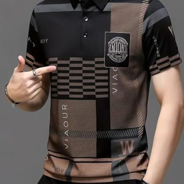 Men's Geometric Print Polo T-Shirt - Black - Image 4