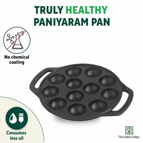 The Indus Valley Pre-Seasoned Cast Iron Paniyaram Pan With Spatula|Medium, 12Pit, 8.3Inch/21 Cm, 2Kg - Image 4