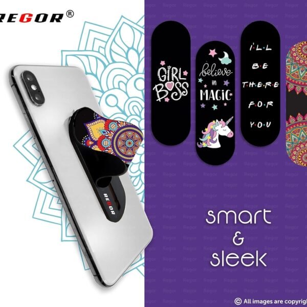 Regor Tabletop Finger Grip & Mobile Holder Mobile Stand Phone Holder for Hand & Mobile Back Holder Grip Great for Selfie & Works as iPhone Stand & Android Phone Stand - Mandala (Black Yellow & Blue) - Image 4