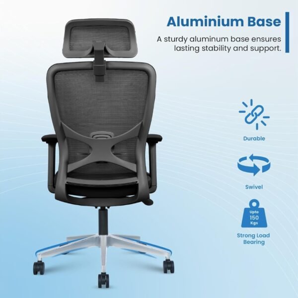 Vergo Aura Ergonomic High Back Office Chair | 3D Armrests, Adjustable Lumbar, 2D Headrest, Aluminum Base - Image 6