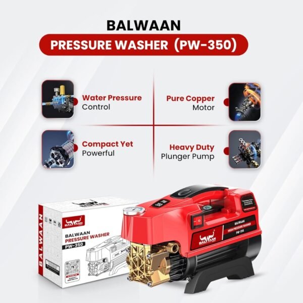 BALWAAN Krishi Pressure Washer PW-350 Brass Pump Head 1800w Motor 120-150 Bar Pressure 7.5 LTR/Min Water Flow, 26 Feet Hose Pipe, Straight and Bend Lance Idle - Image 7